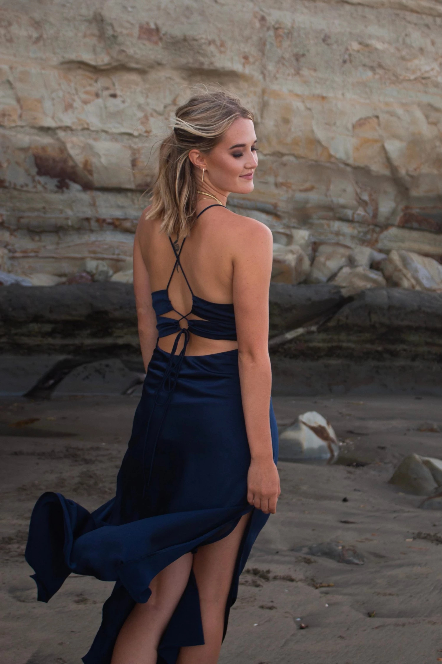 Among The Brave Dresses Madeline Navy Satin Strappy Double Tie Back Bias Slip Midi Dress