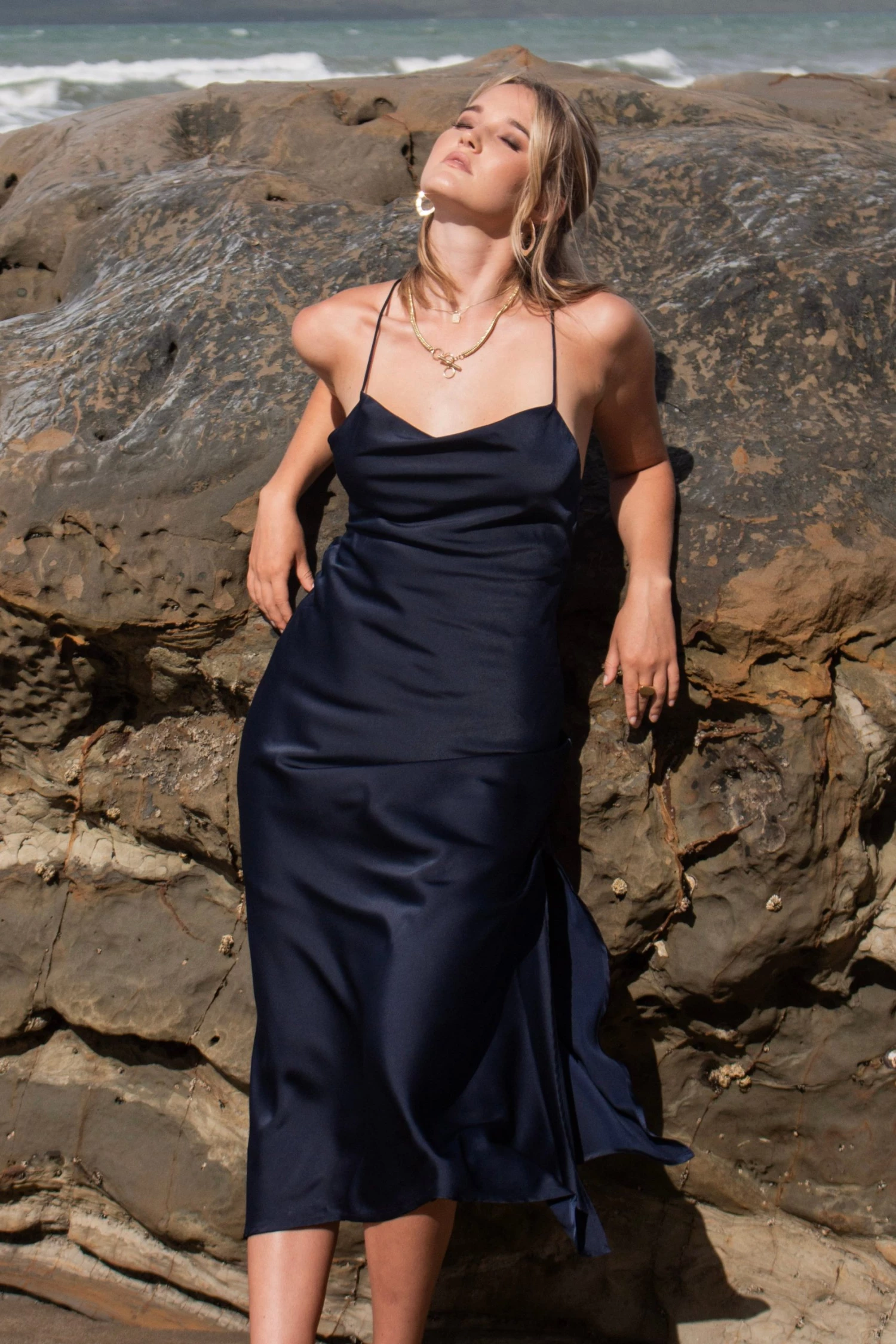 Among The Brave Dresses Madeline Navy Satin Strappy Double Tie Back Bias Slip Midi Dress