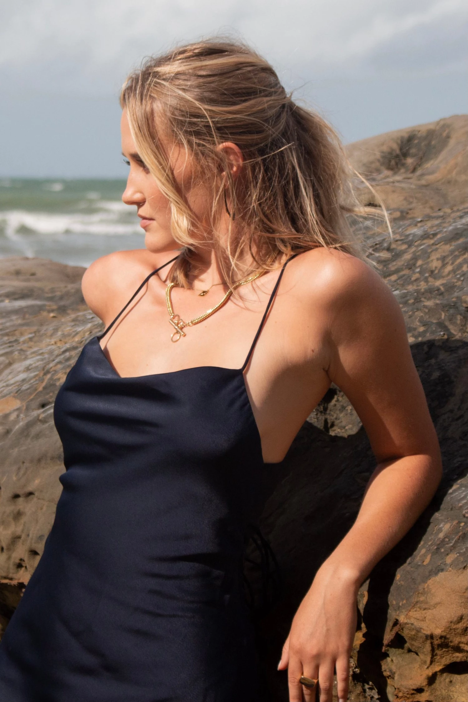 Among The Brave Dresses Madeline Navy Satin Strappy Double Tie Back Bias Slip Midi Dress