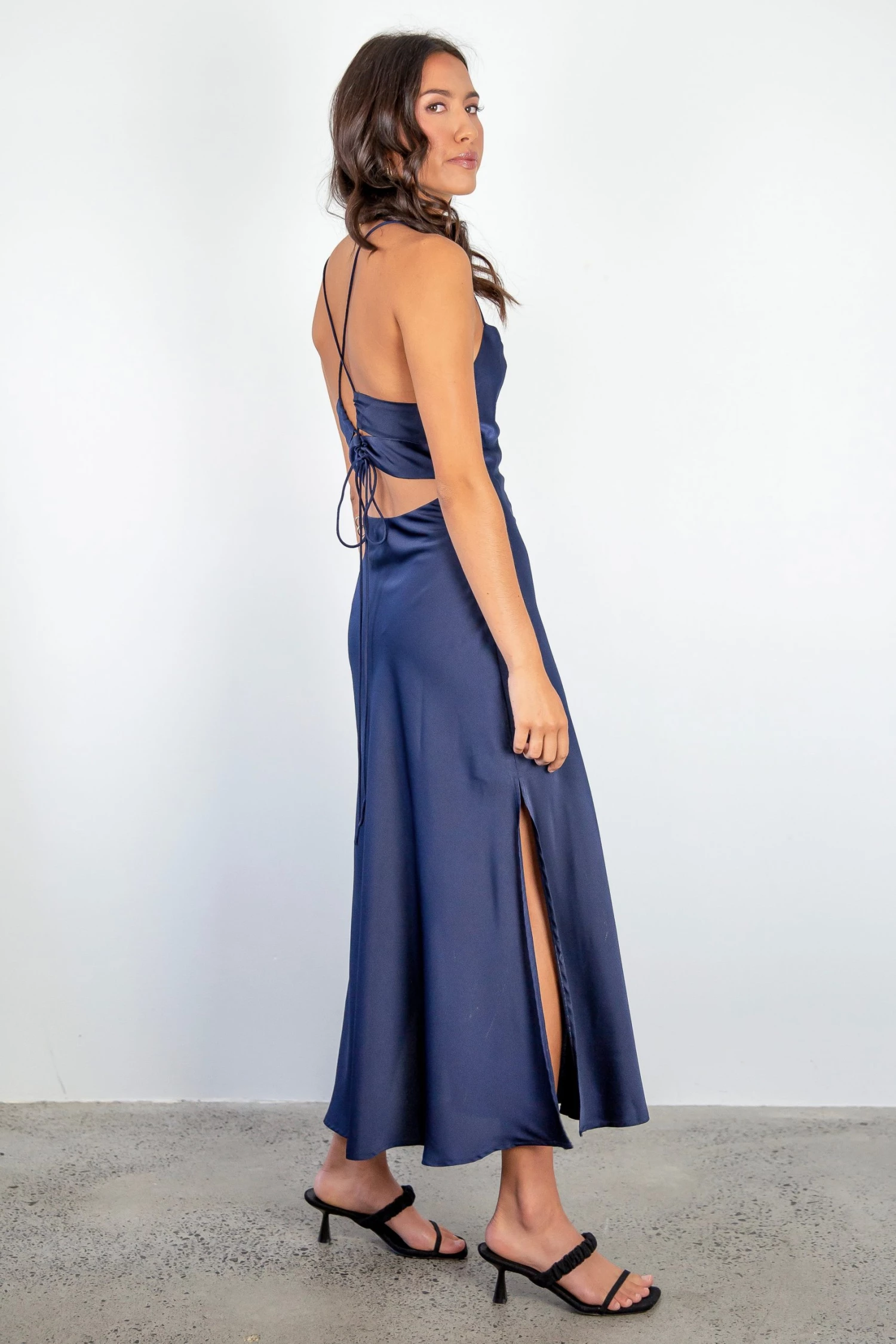 Among The Brave Dresses Madeline Navy Satin Strappy Double Tie Back Bias Slip Midi Dress