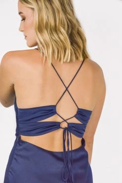 Among The Brave Dresses Madeline Navy Satin Strappy Double Tie Back Bias Slip Midi Dress