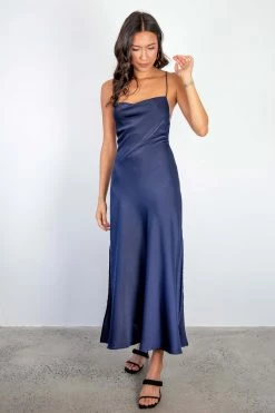 Among The Brave Dresses Madeline Navy Satin Strappy Double Tie Back Bias Slip Midi Dress
