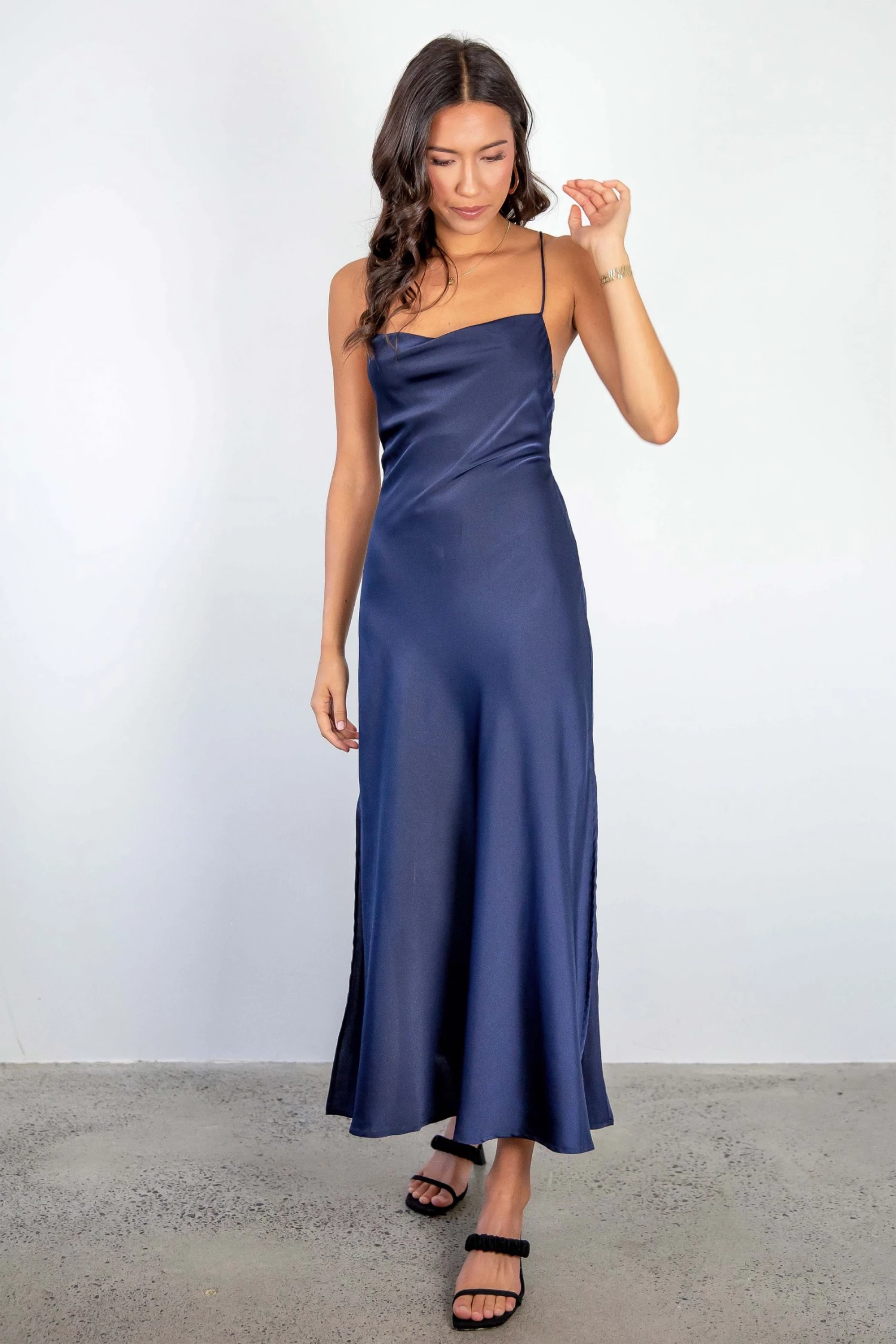 Among The Brave Dresses Madeline Navy Satin Strappy Double Tie Back Bias Slip Midi Dress