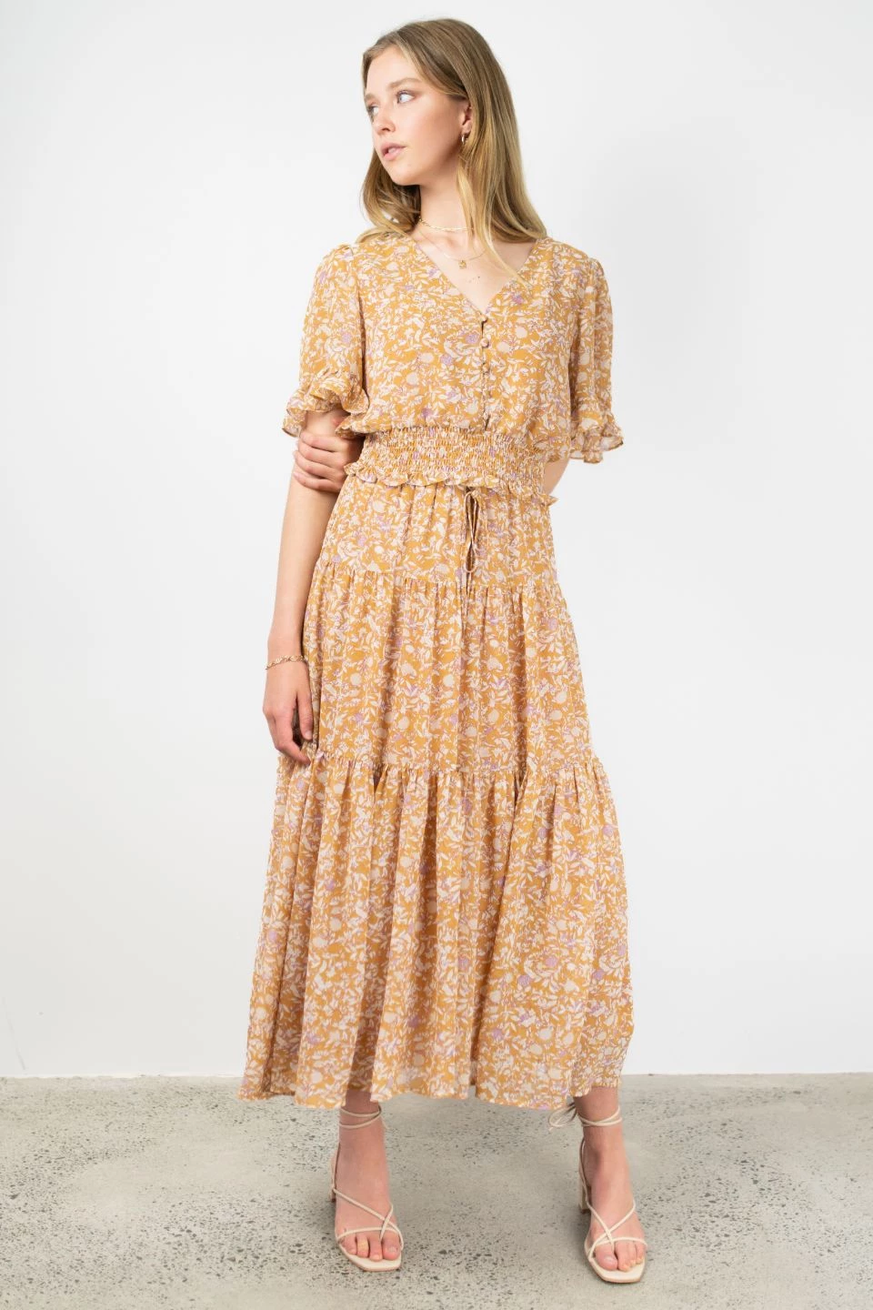 Among The Brave Sensational Spice Floral Georgette Tiered Tie Waist Maxi Skirt Skirts