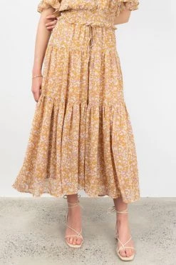 Among The Brave Sensational Spice Floral Georgette Tiered Tie Waist Maxi Skirt Skirts