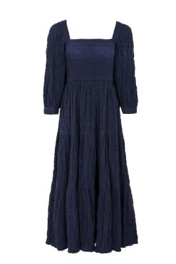 Among The Brave Melody Navy Cotton Puff Sleeve Square Neck Shirred Bodice Tiered Maxi Dress