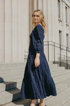Among The Brave Melody Navy Cotton Puff Sleeve Square Neck Shirred Bodice Tiered Maxi Dress