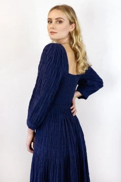 Among The Brave Melody Navy Cotton Puff Sleeve Square Neck Shirred Bodice Tiered Maxi Dress