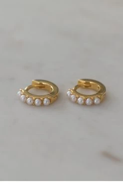 Sophie Mini Pearl Huggies Earrings Gold Jewellery