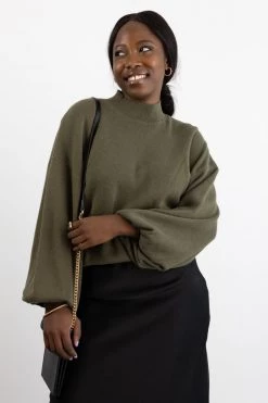 Ivy + Jack Motivation Khaki Cotton Fine Gauge Balloon High Neck Knit