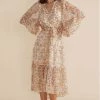 Mink Pink Moyne Apricot Floral V Neck Tie LS Tiered Midi Dress New In