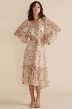 Mink Pink Moyne Apricot Floral V Neck Tie LS Tiered Midi Dress New In