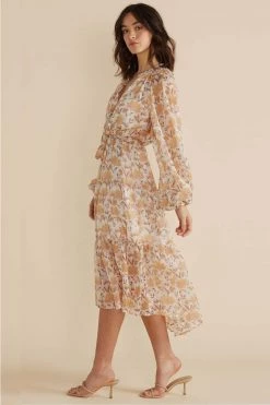 Mink Pink Moyne Apricot Floral V Neck Tie LS Tiered Midi Dress New In