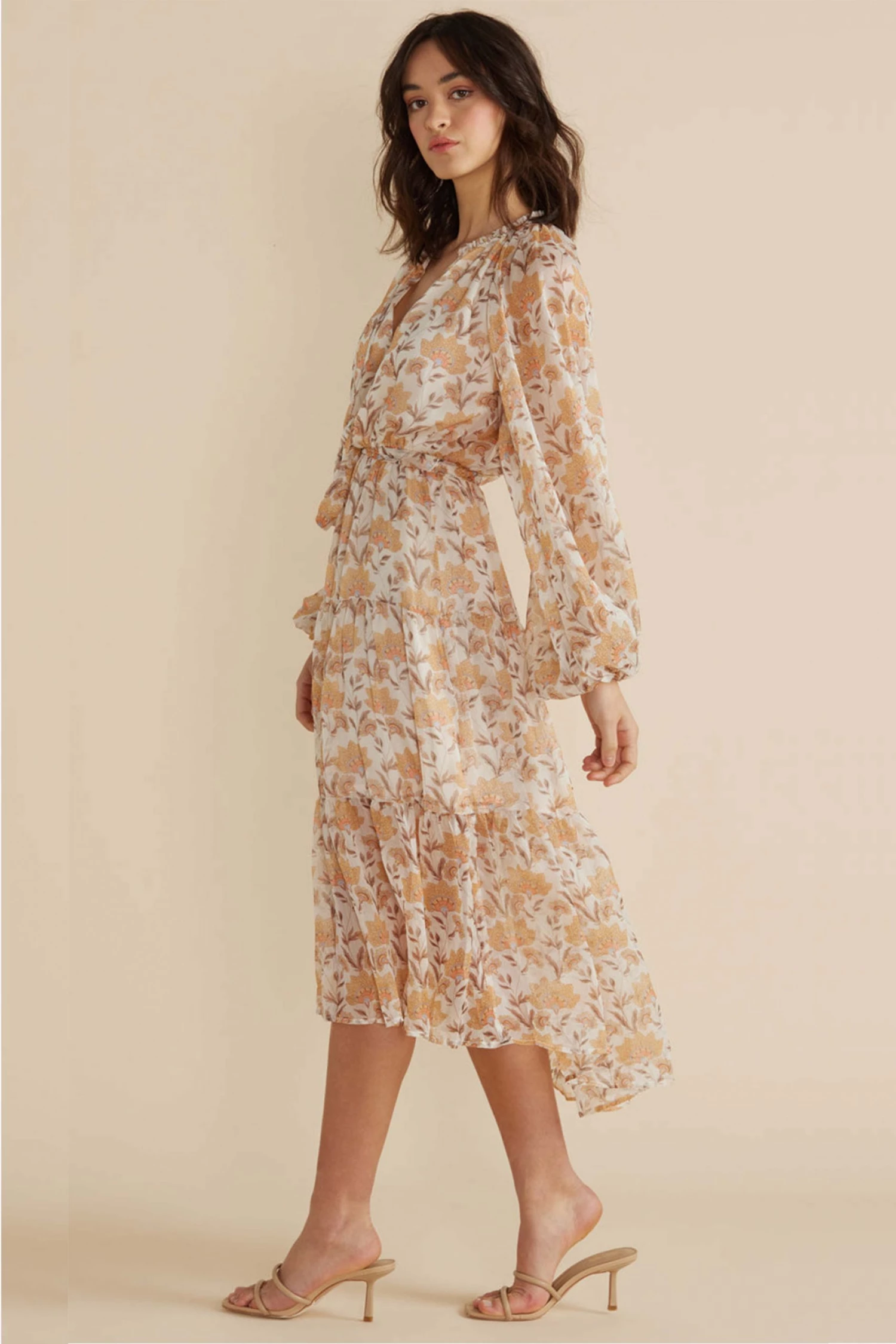 Mink Pink Moyne Apricot Floral V Neck Tie LS Tiered Midi Dress New In