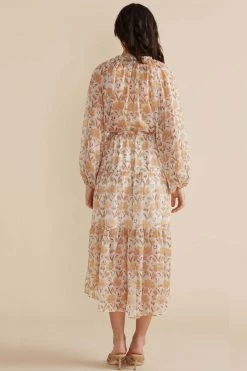 Mink Pink Moyne Apricot Floral V Neck Tie LS Tiered Midi Dress New In