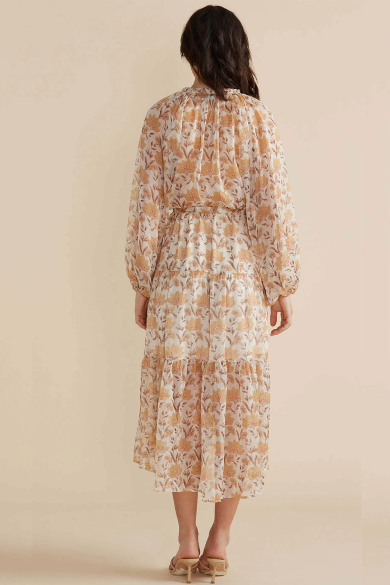 Mink Pink Moyne Apricot Floral V Neck Tie LS Tiered Midi Dress New In