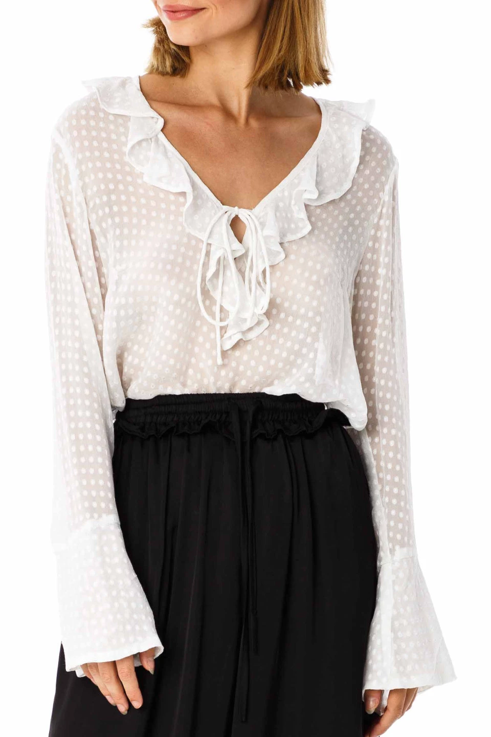 Blak Nera V Frill LS Self Spot White Top