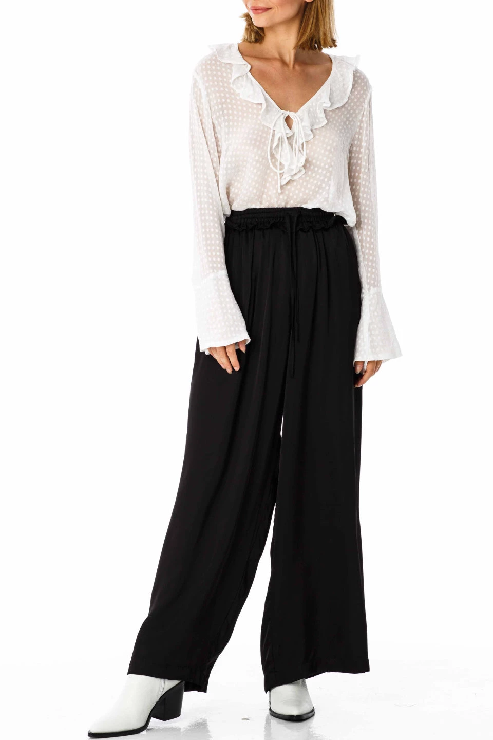 Blak Nera V Frill LS Self Spot White Top