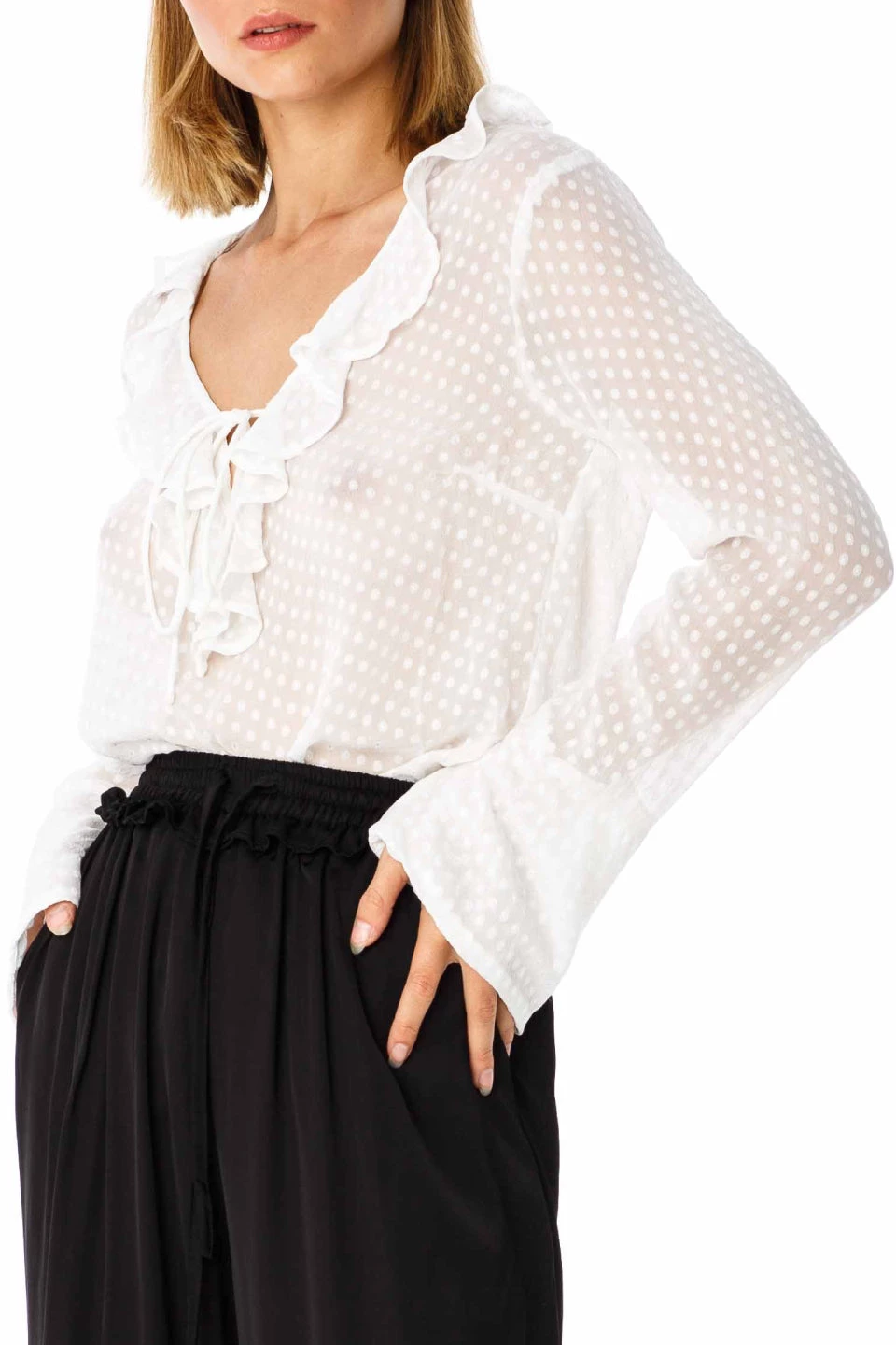Blak Nera V Frill LS Self Spot White Top