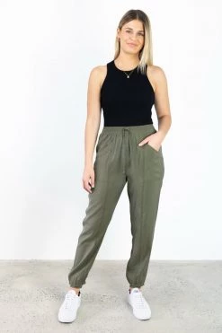 Among The Brave New Warrior Khaki Relaxed Drapey Drawstring Stretch Cuff Pant Pants