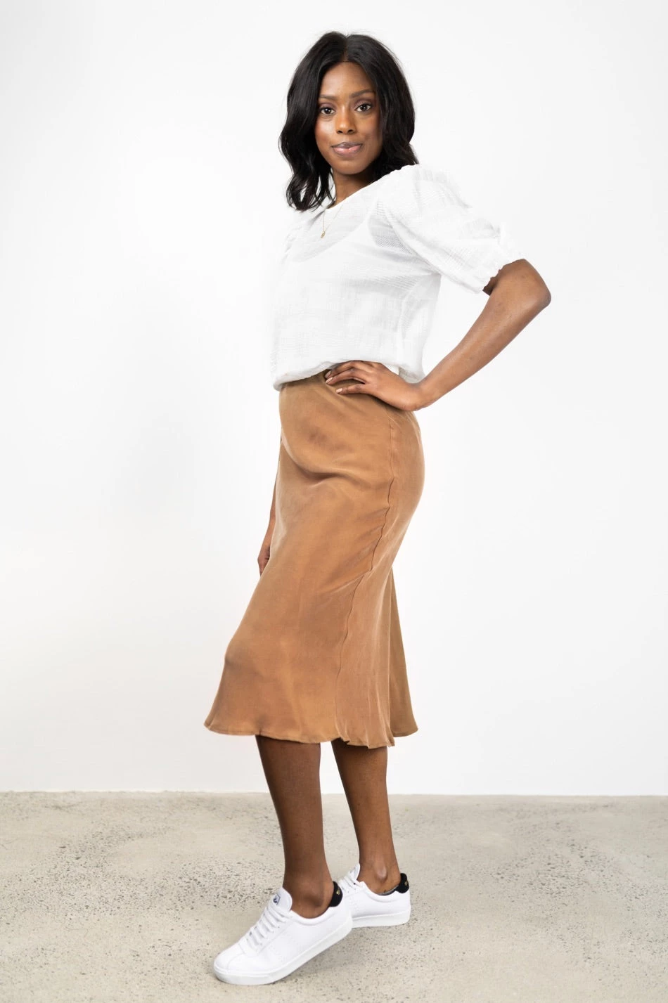 Ivy + Jack New In Dynamic Mocha Cupro Bias Midi Skirt