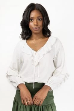 Among The Brave Tops & Tees Day Dream Ivory Soft Linen Blend Frill Neck LS Top