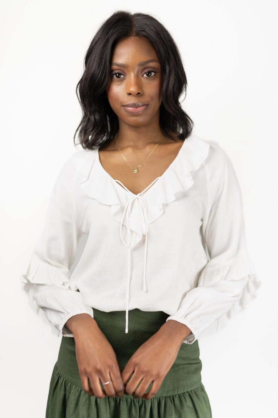 Among The Brave Tops & Tees Day Dream Ivory Soft Linen Blend Frill Neck LS Top