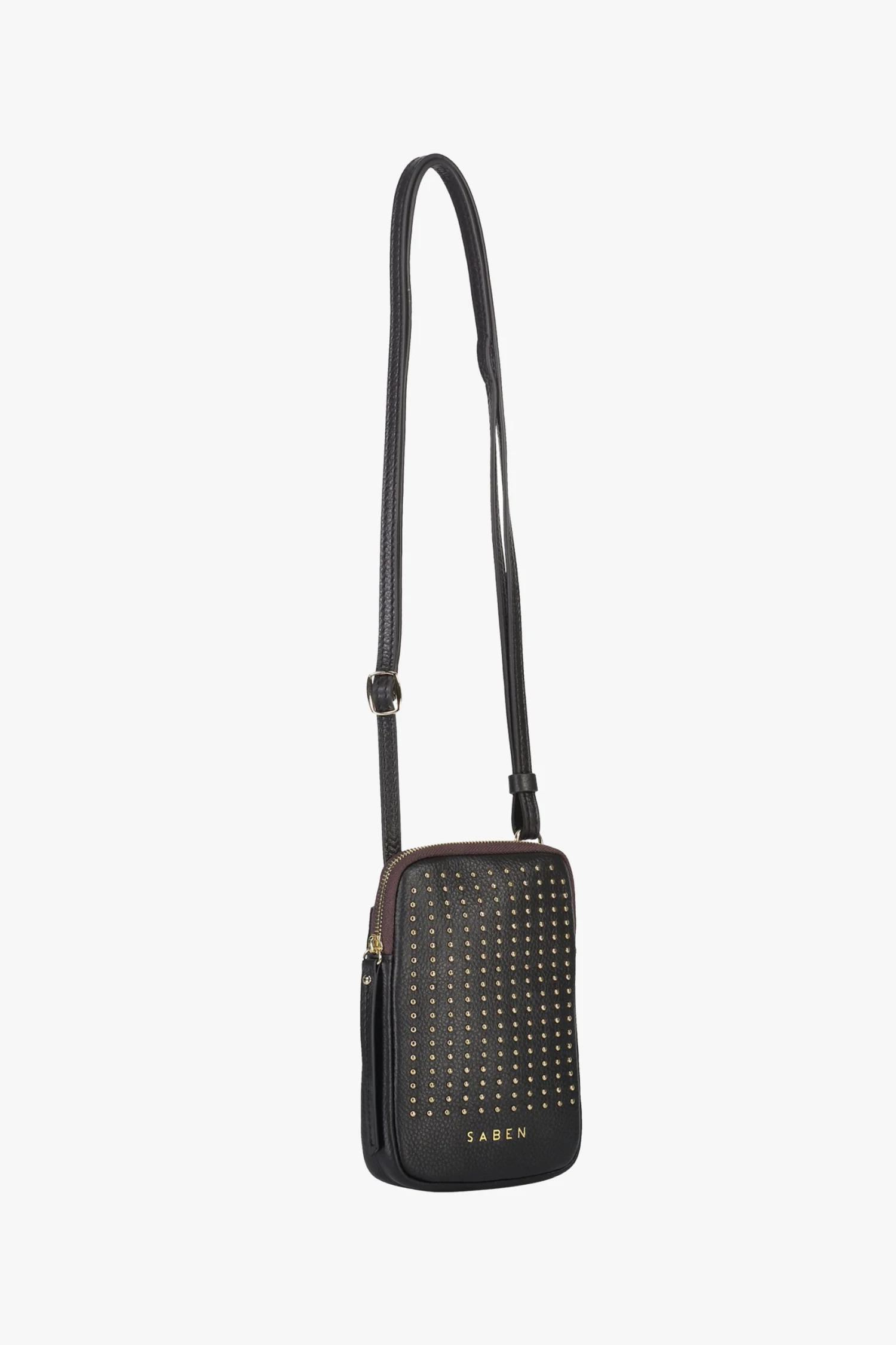 SABEN Bags Get The Look Nikko Black With Gold Studs Leather Phone Sling