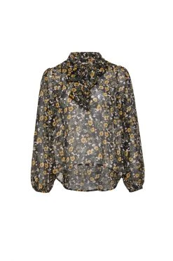 Among The Brave Optimistic Sheer Black Floral Tie Neck LS Top Tops & Tees