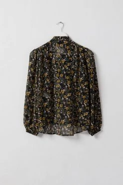 Among The Brave Optimistic Sheer Black Floral Tie Neck LS Top Tops & Tees