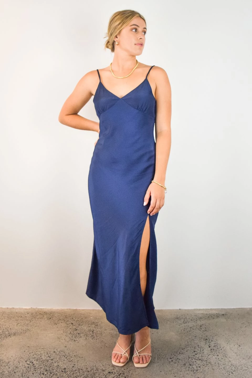 Among The Brave Otherworldly Navy Washer Satin Panel Bodice Bias Midi Dress Dresses