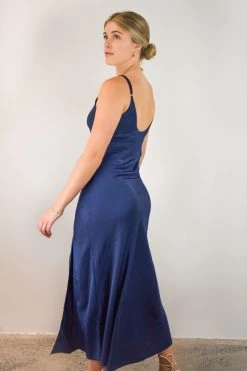 Among The Brave Otherworldly Navy Washer Satin Panel Bodice Bias Midi Dress Dresses