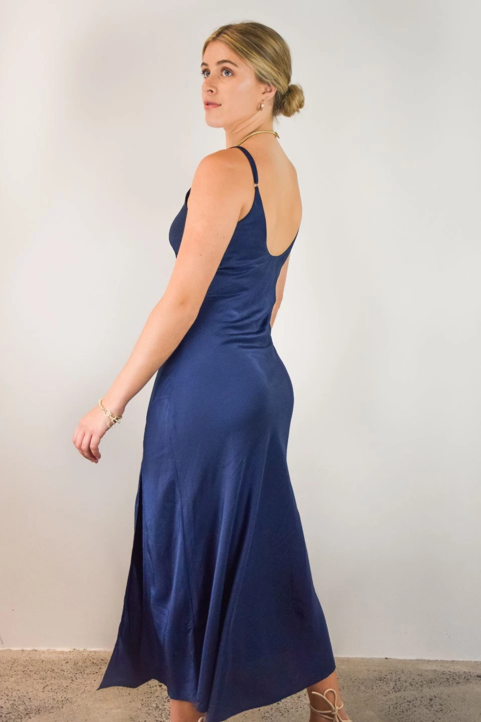 Among The Brave Otherworldly Navy Washer Satin Panel Bodice Bias Midi Dress Dresses