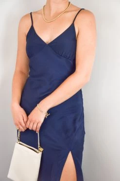 Among The Brave Otherworldly Navy Washer Satin Panel Bodice Bias Midi Dress Dresses