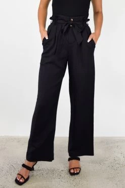 Among The Brave Pants Inspired Black Wide Leg Paper Bag Linen Blend Pant