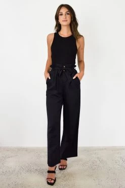 Among The Brave Pants Inspired Black Wide Leg Paper Bag Linen Blend Pant