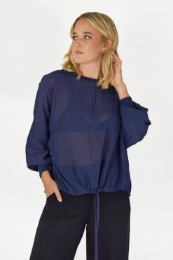 Among The Brave Pavilion Navy Crinkle Tie Hem Top