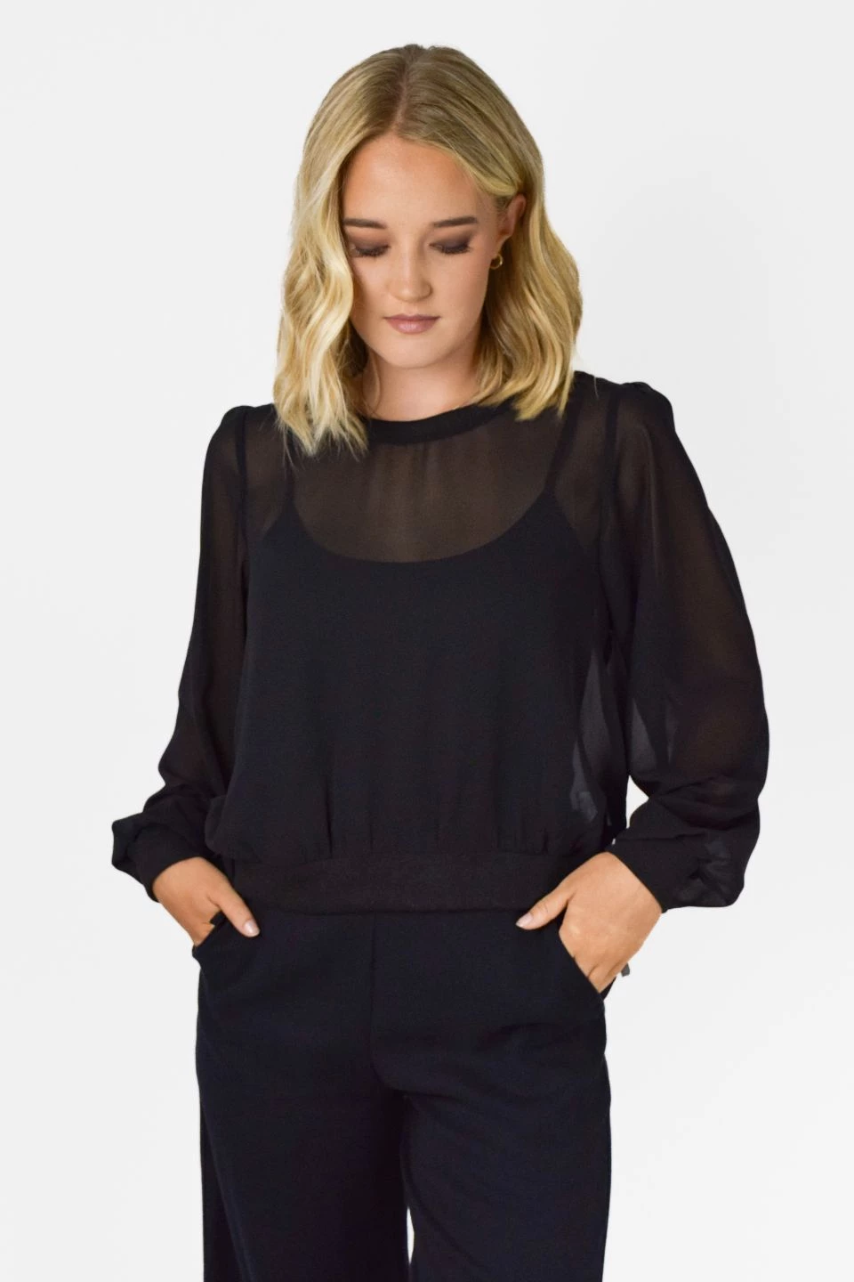 Among The Brave Chance Black Georgette LS Rib Hem Top