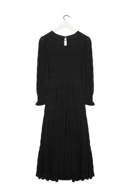 Ivy + Jack Piper Black Shirred Cotton LS Shirred Bodice Tiered Maxi Dress