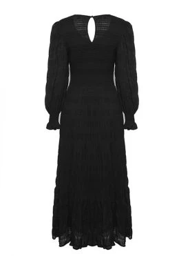 Ivy + Jack Piper Black Shirred Cotton LS Shirred Bodice Tiered Maxi Dress