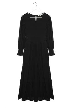 Ivy + Jack Piper Black Shirred Cotton LS Shirred Bodice Tiered Maxi Dress