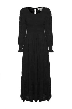 Ivy + Jack Piper Black Shirred Cotton LS Shirred Bodice Tiered Maxi Dress