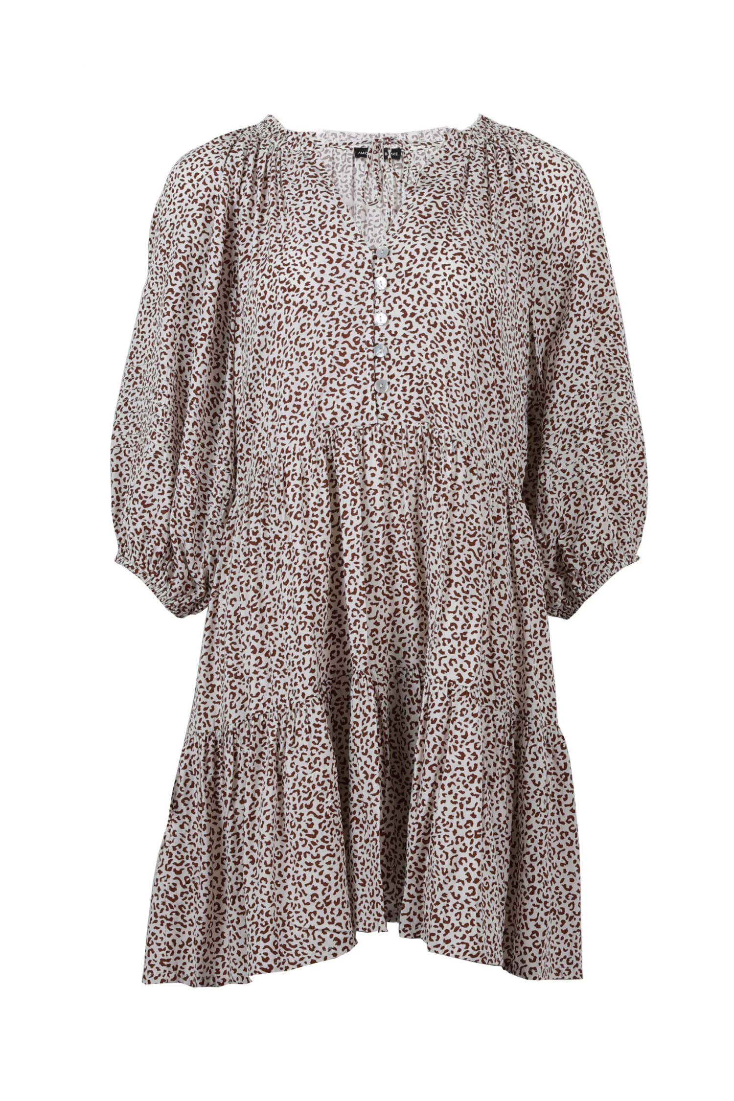 Among The Brave Gemini Chocolate Ditsy Animal Puff Mid Sleeve Button Front Tiered Mini Dress