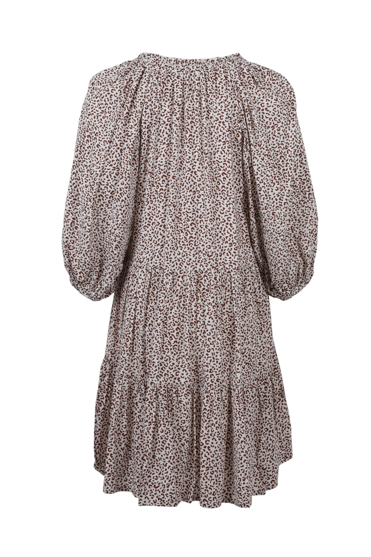 Among The Brave Gemini Chocolate Ditsy Animal Puff Mid Sleeve Button Front Tiered Mini Dress