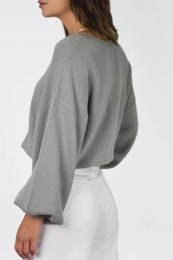 Ivy + Jack Impulse Grey Sage Fine Gauge Cotton Puff Sleeve Cropped Knit New In