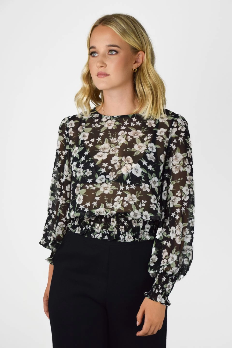 Among The Brave Pure Garden Midnight Puff Sleeve Shirred Blouse