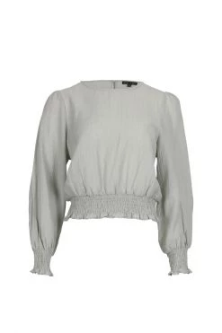 Among The Brave Pure Sage Crinkle LS Puff Sleeve Shirred Hem Top