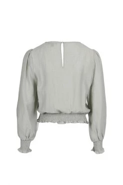 Among The Brave Pure Sage Crinkle LS Puff Sleeve Shirred Hem Top