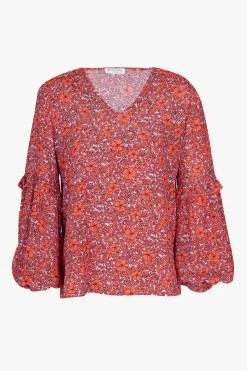 Ketz-Ke Rich Orange Floral V Neck Balloon LS Blouse Tops & Tees