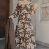 Ivy + Jack Ruby Mocha Floral LS Shirred Bodice Tiered Midi Dress Dresses